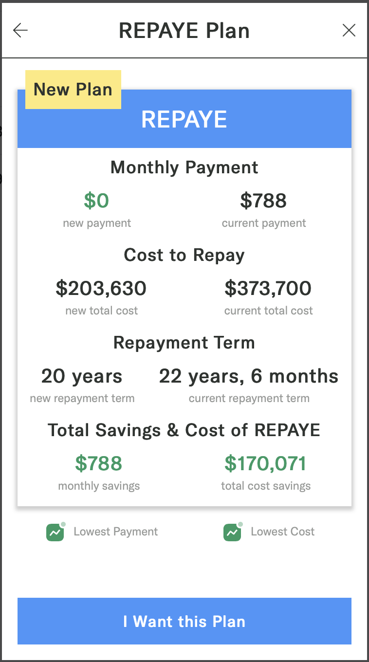 `Nexus.assess` presenting a more detailed comparison of a plan to the user's current repayment situation. Clicking **I want this Plan** results in the `onSuccess` response below.