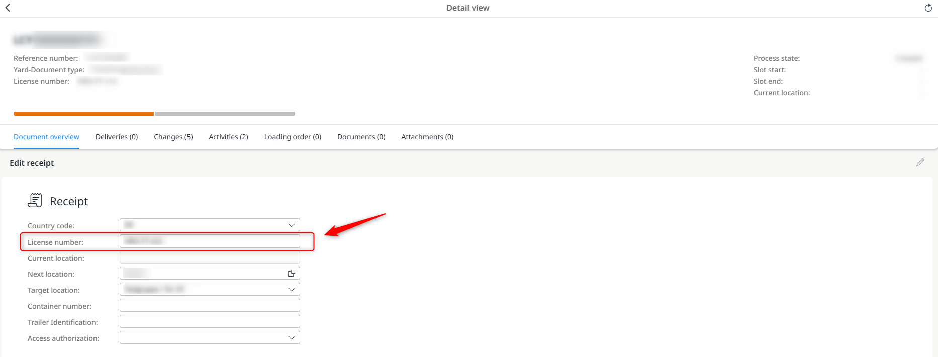 Changing the licence plate number in the yard document