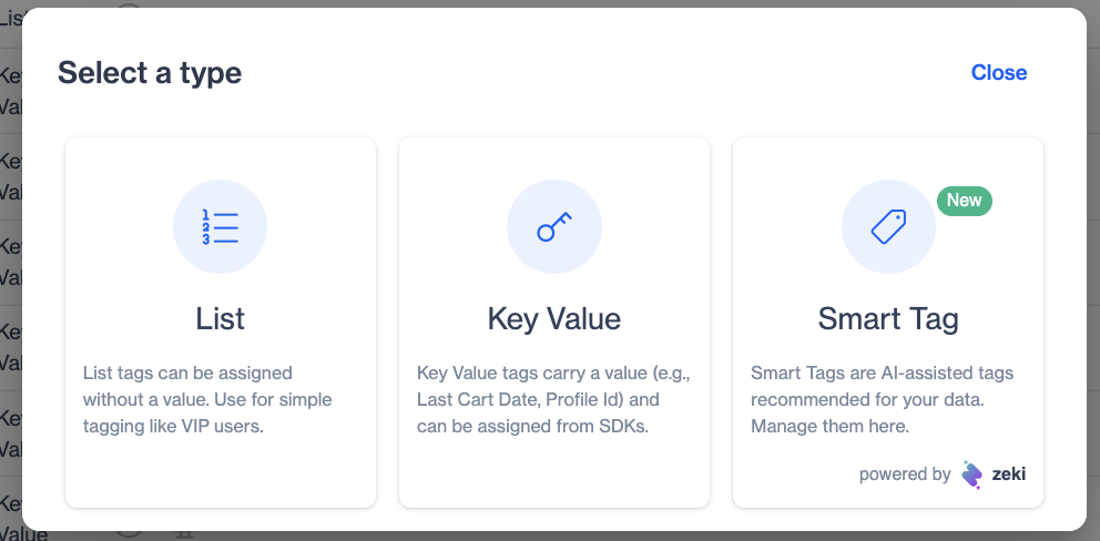 Select a type dialog with the List, Key Value, and Smart Tag options