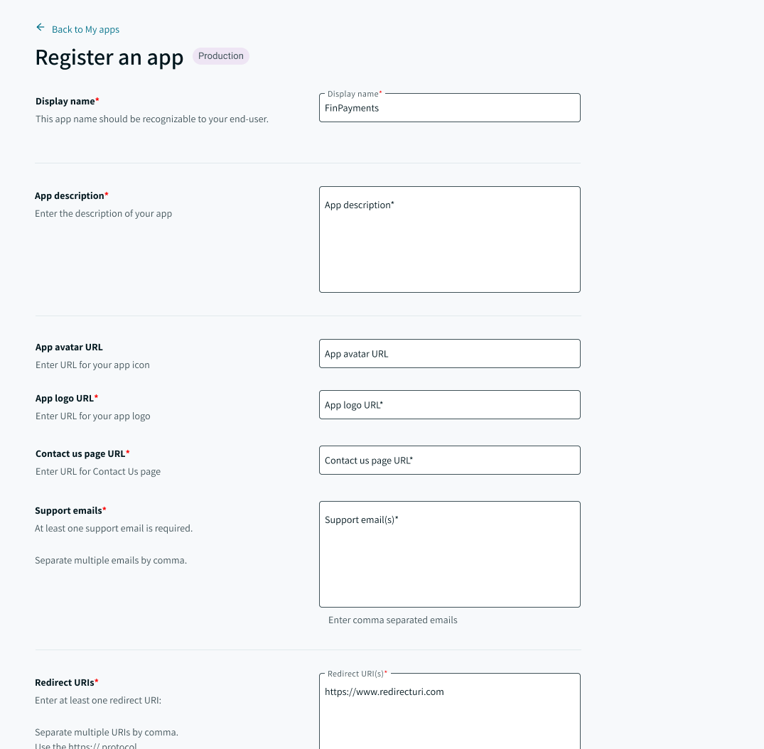App registration form. All fields are mandatory except for the icon URL.