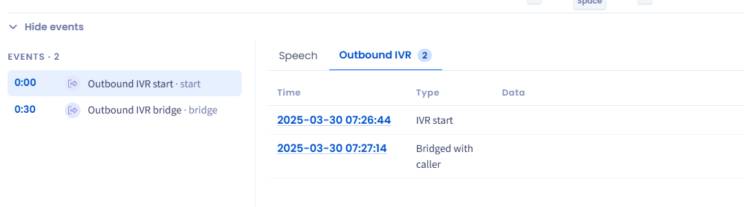 Screenshot of extended call data with outbound IVR