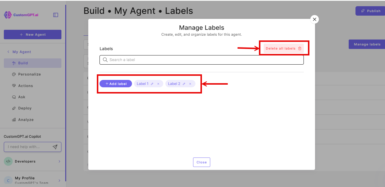 Add, edit, remove and delete all options on the manage labels pop-up