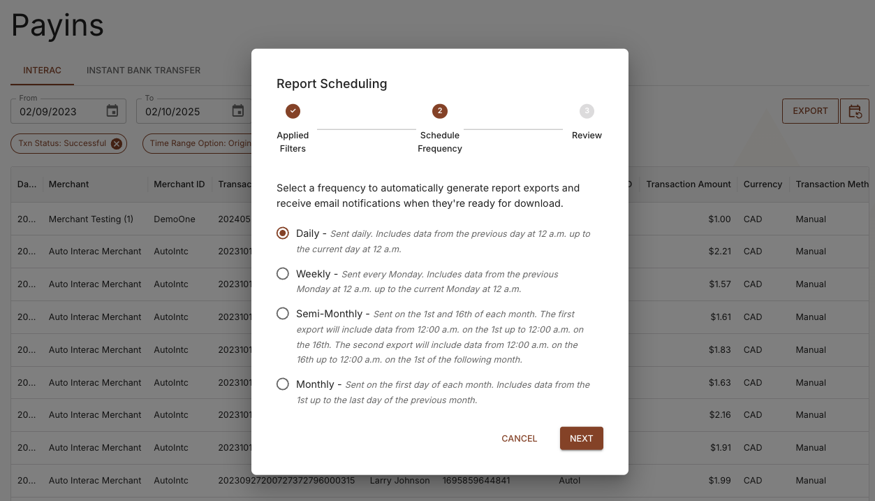 Scheduled Exports Modal > Step 2: Select Schedule Frequency