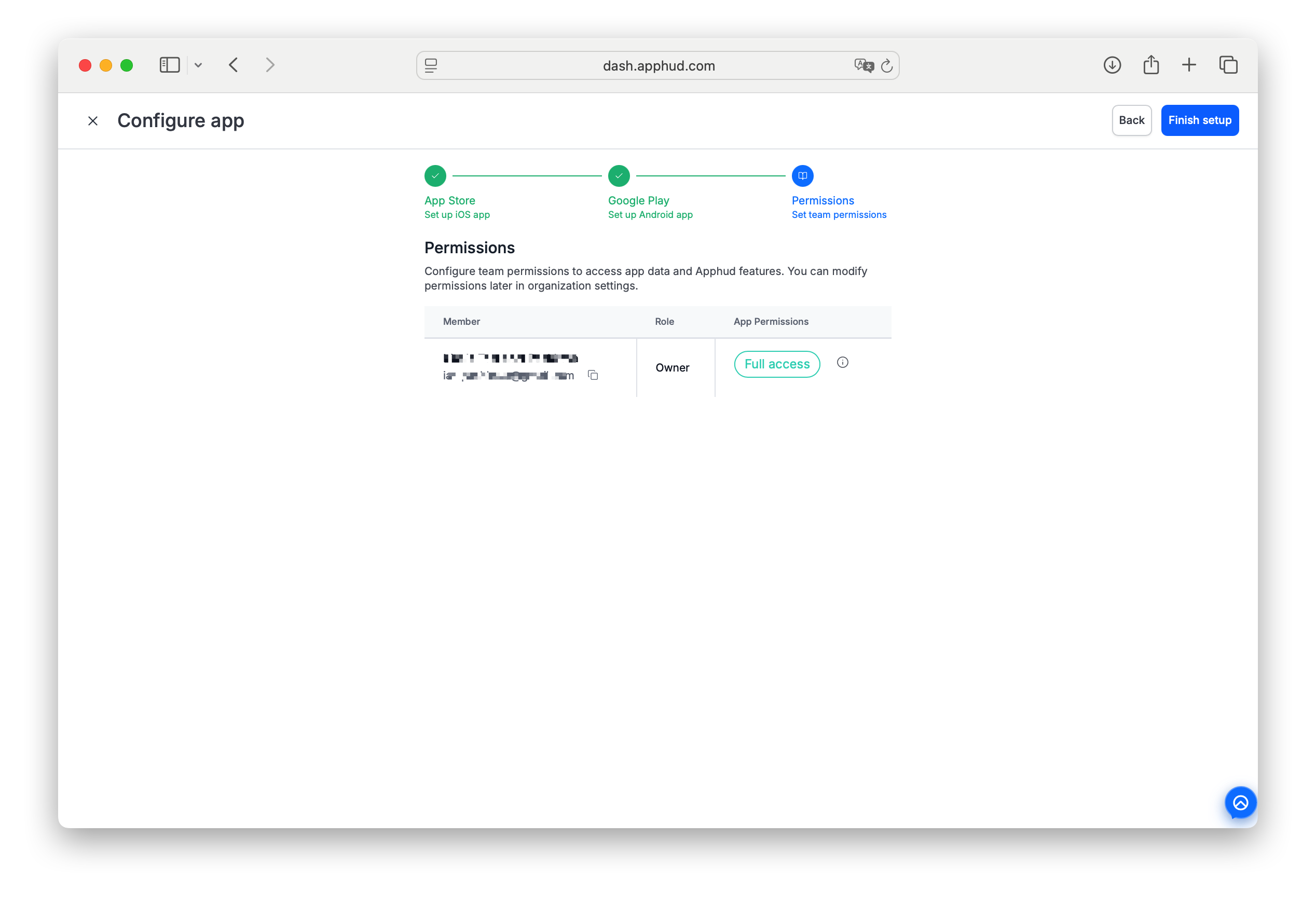Apphud - Permissions tab for a new app