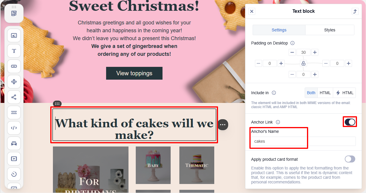 Anchor link element settings