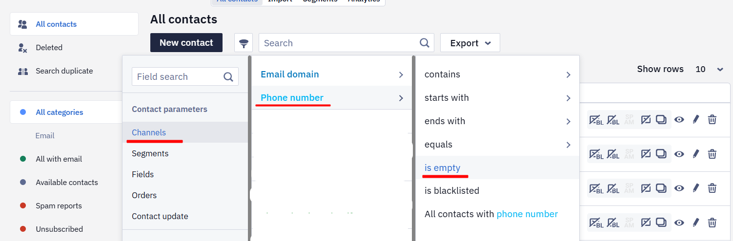 Advanced filter example: searching for contacts with no phone number