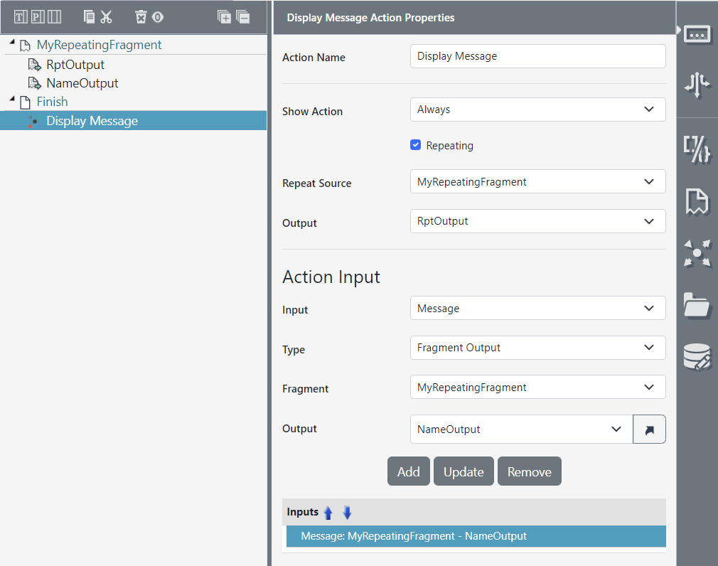 The Action Input of a Fragment's Repeating Output is set to a normal Fragment Output.