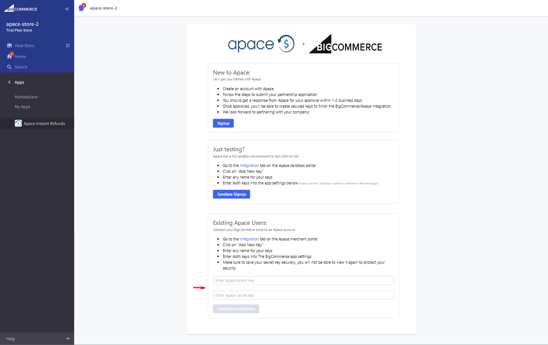 The Apace app installation page within BigCommerce 