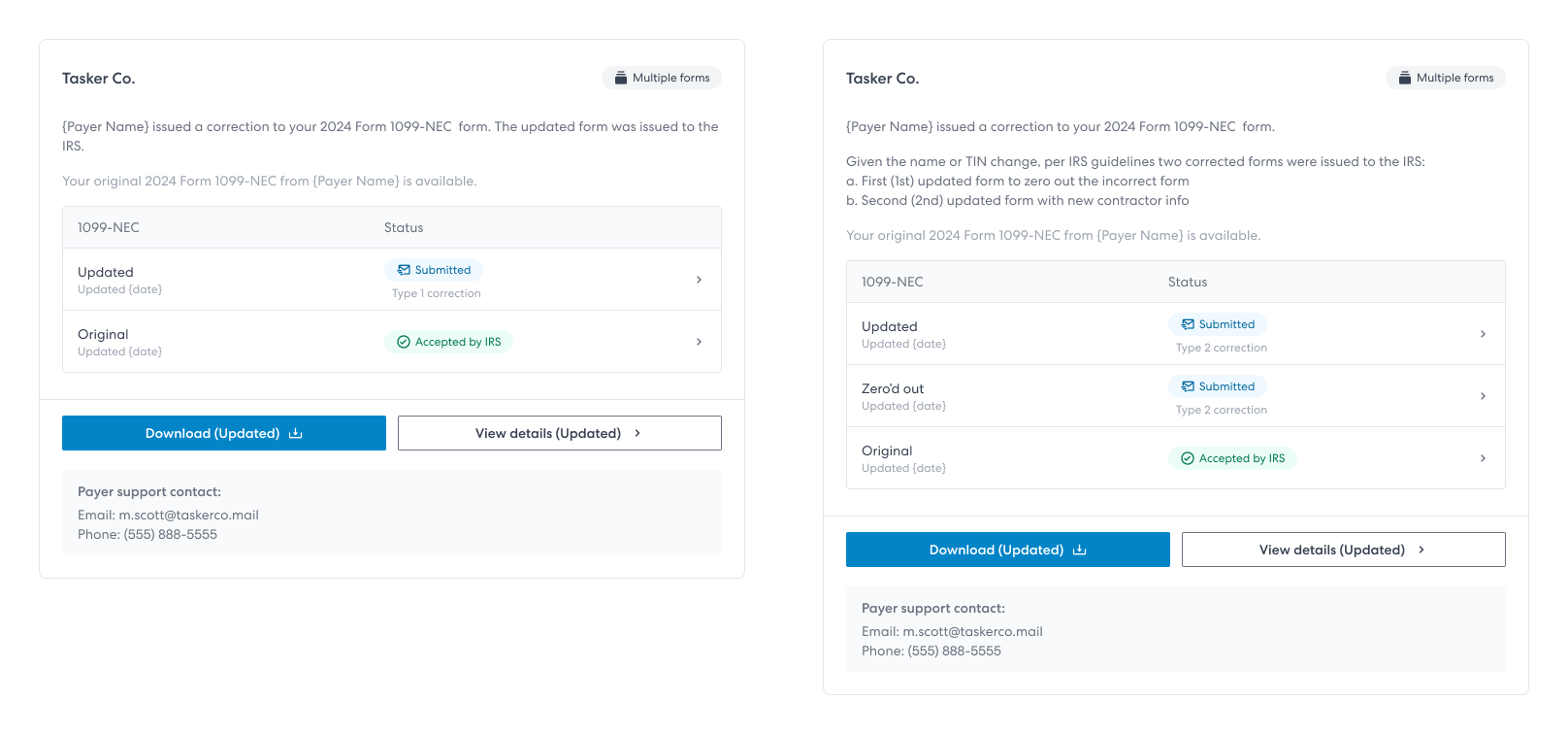 Images showing examples of what a recipient sees on their tax dashboard