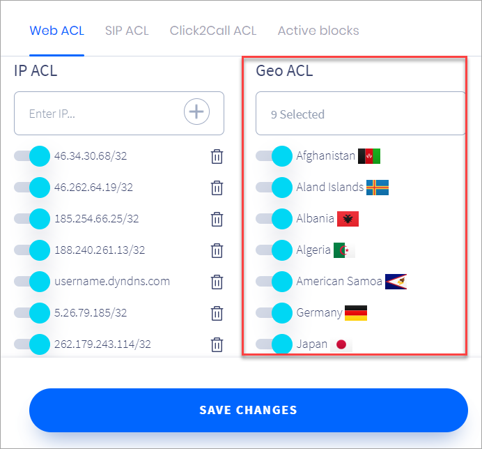 Screenshot of setting geo ACL