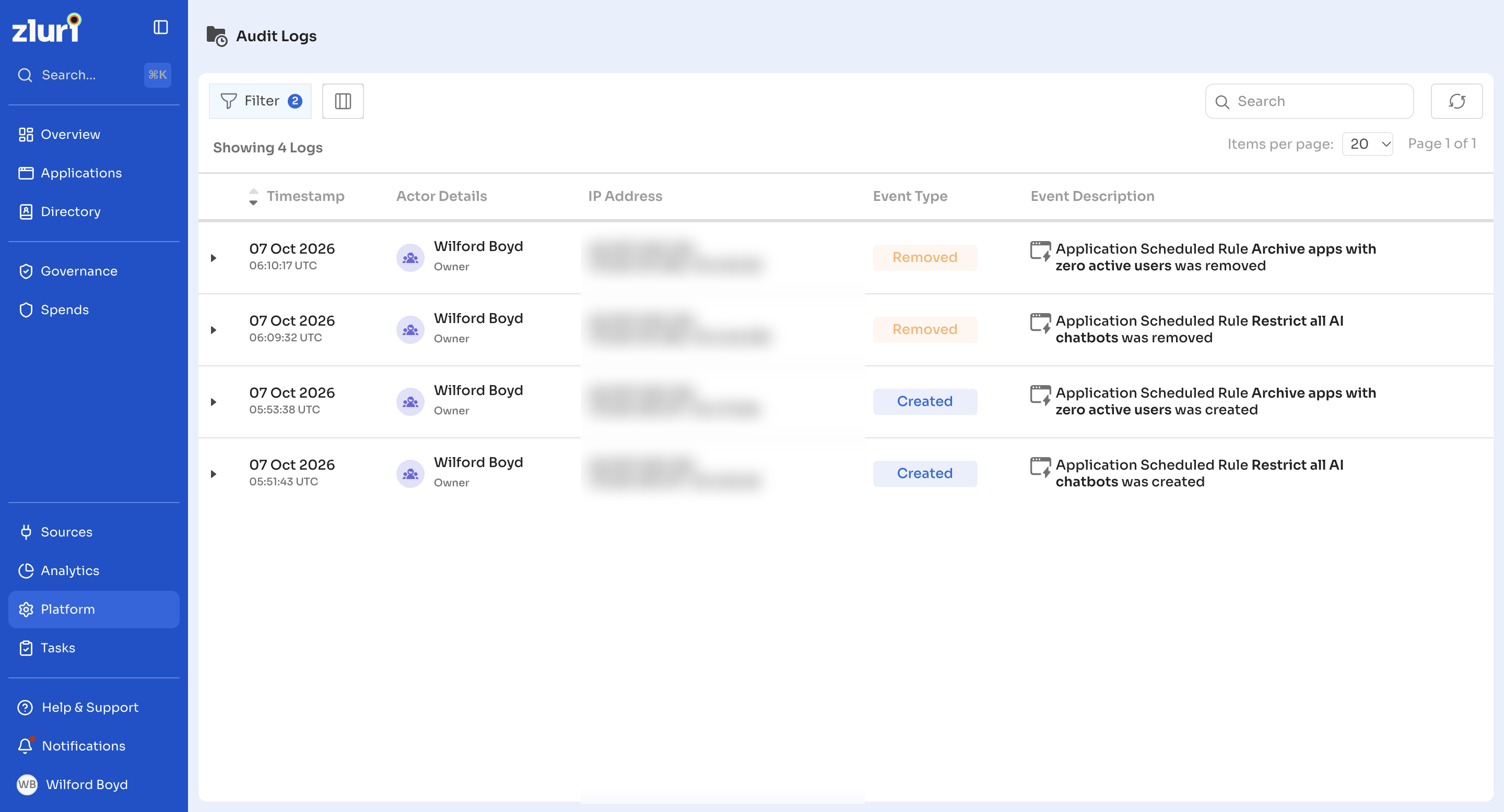 Audit log entries for scheduled rules