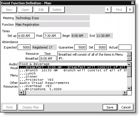 From Events, select Define an event, double-click an event, double-click an event function, click More, and select Plan
