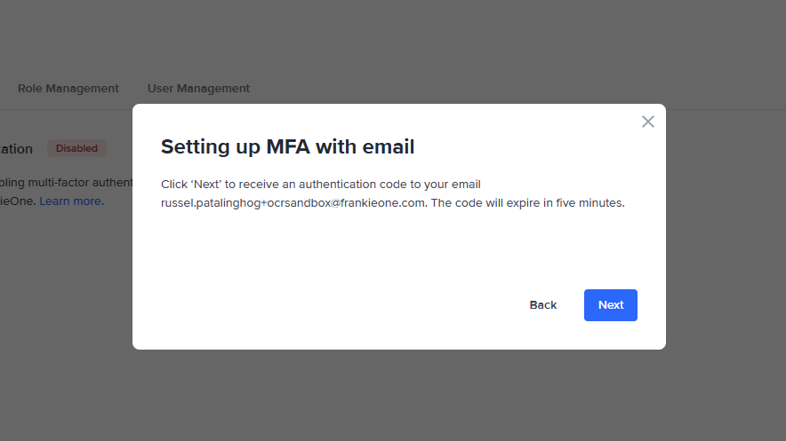 The 'Setting up MFA with email' modal.