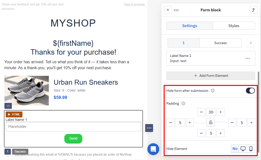 Form settings Hide form after submission, Padding, and Hide Element