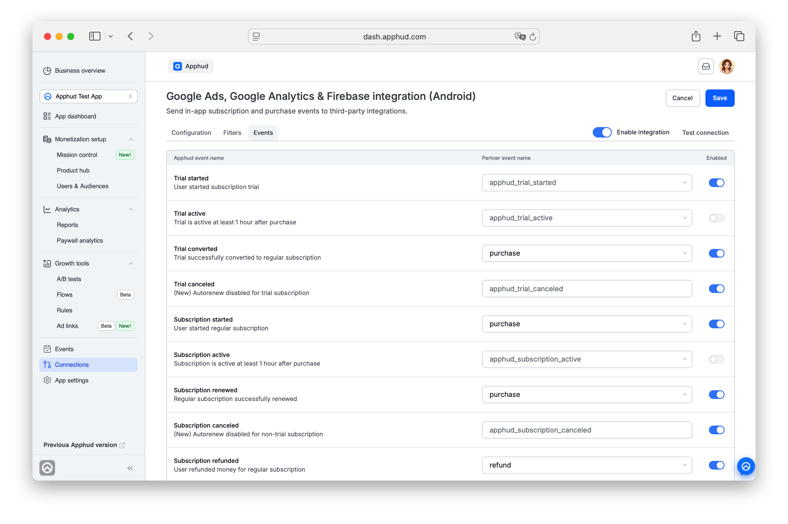 Apphud - Firebase events configuration