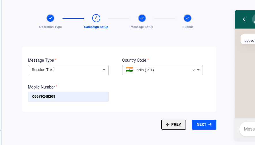WhatsApp message setup screen for a template text or media message