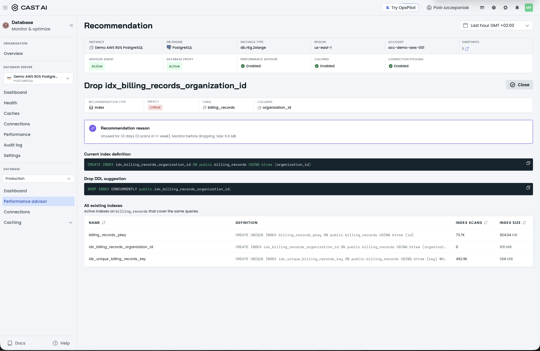Index recommendation detail page with the Recommendation reason, Current index definition, Drop DDL suggestion, and All existing indexes table