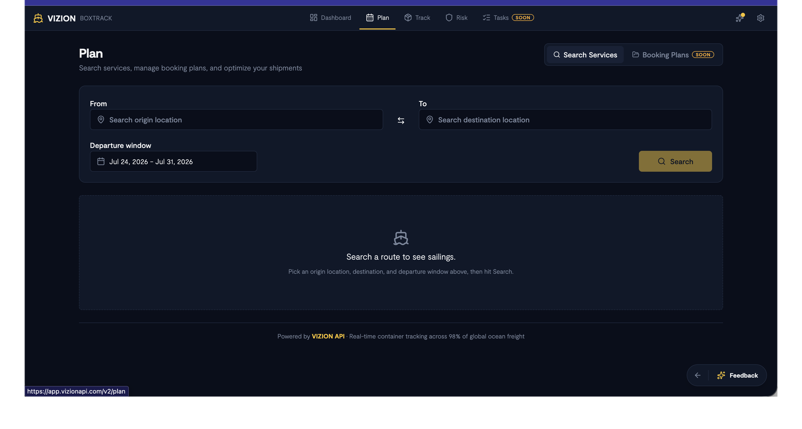 Screenshot: The Plan page showing the Search Services form with From/To port fields, swap button, departure window date range, and Search button