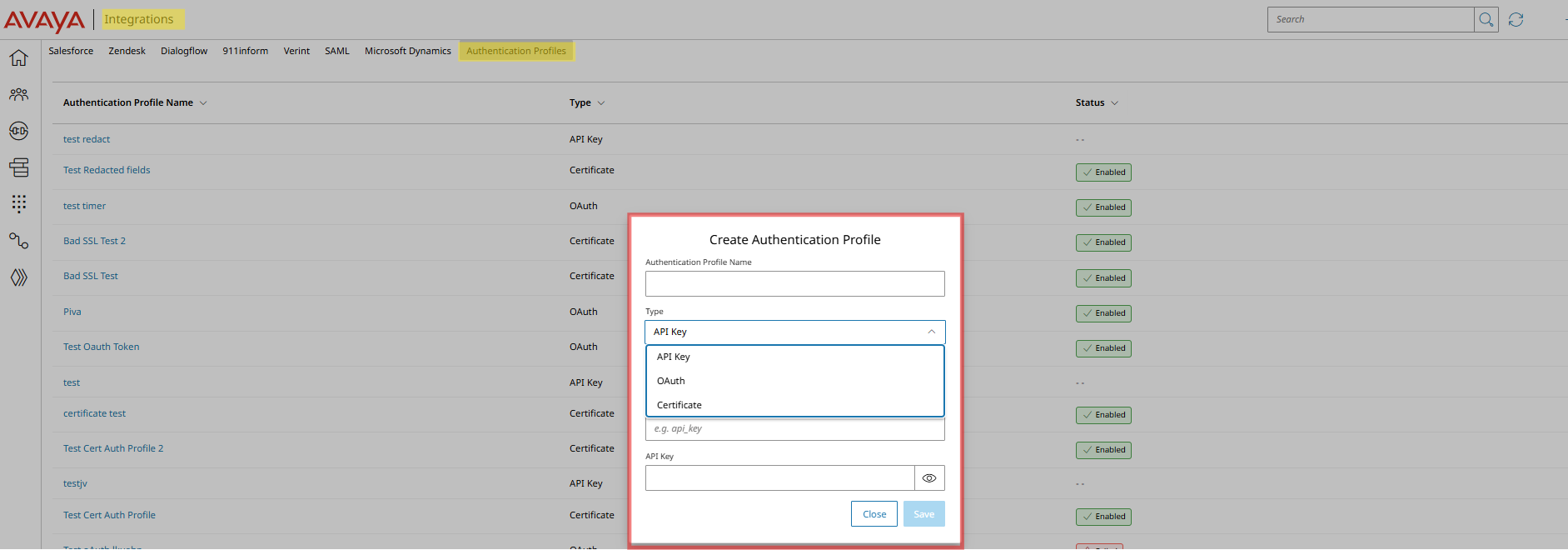 Avaya Infinity Admin - Authentication Profiles