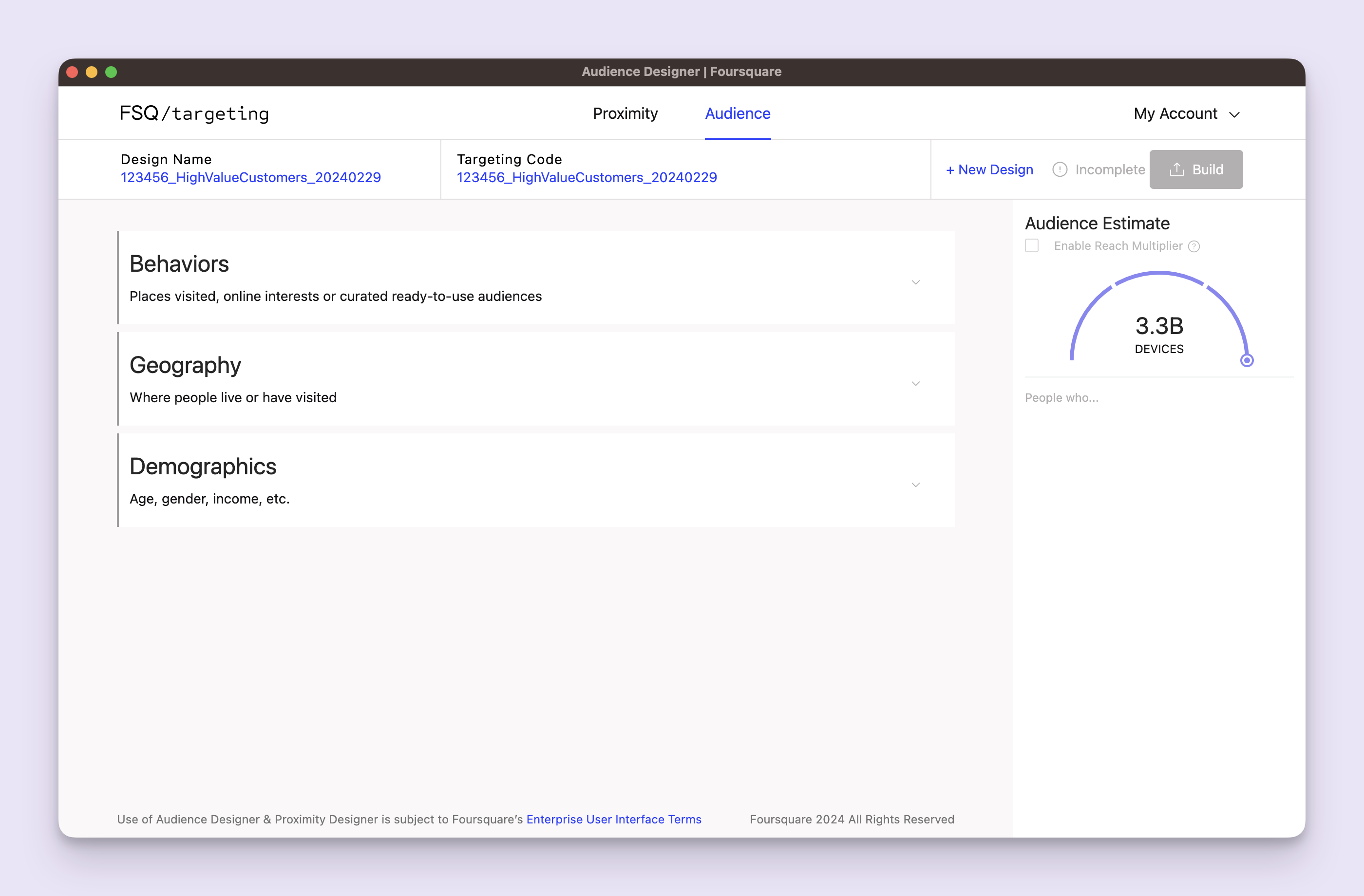 The Audience Designer user interface.