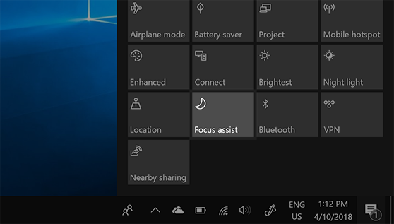Focus Assist tile in Windows 10.