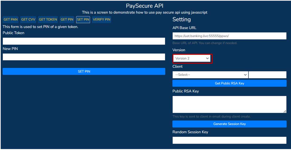 PaySecure API screen: selecting Version 2
