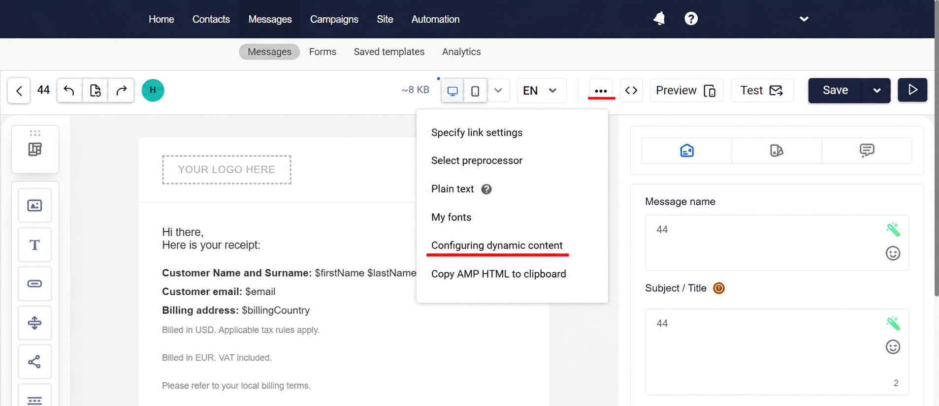 Configuring dynamic content