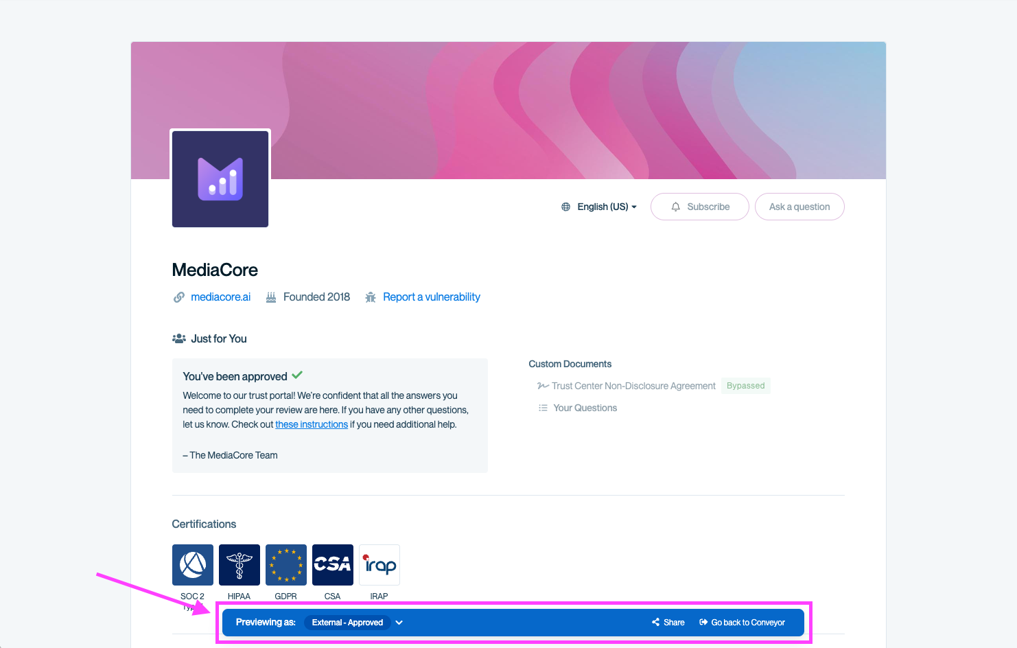The Trust Center preview page showing the “Previewing as: External - Approved” banner at the bottom of the screen, with a pink arrow pointing to it.