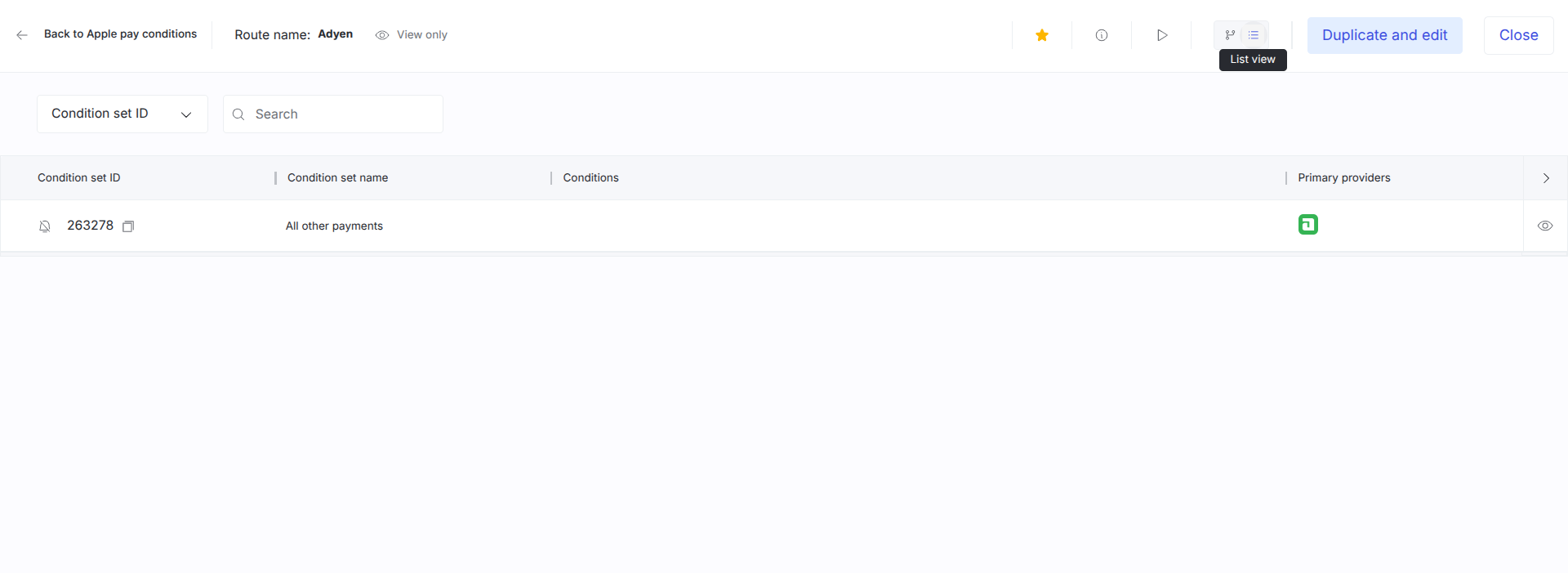 Routing dashboard showing List View with table-based route configuration displaying condition sets with columns for Condition set ID, Condition set name, Conditions, and Primary providers, along with filter and search functionality