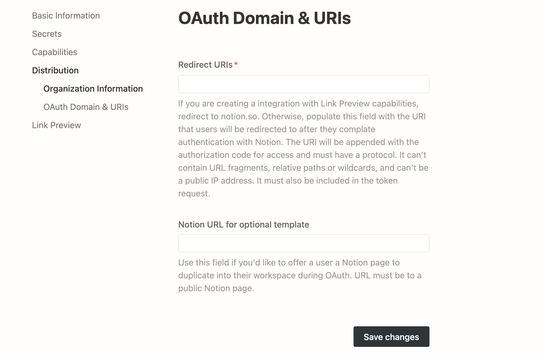 Notion URL for optional template input in integration settings.