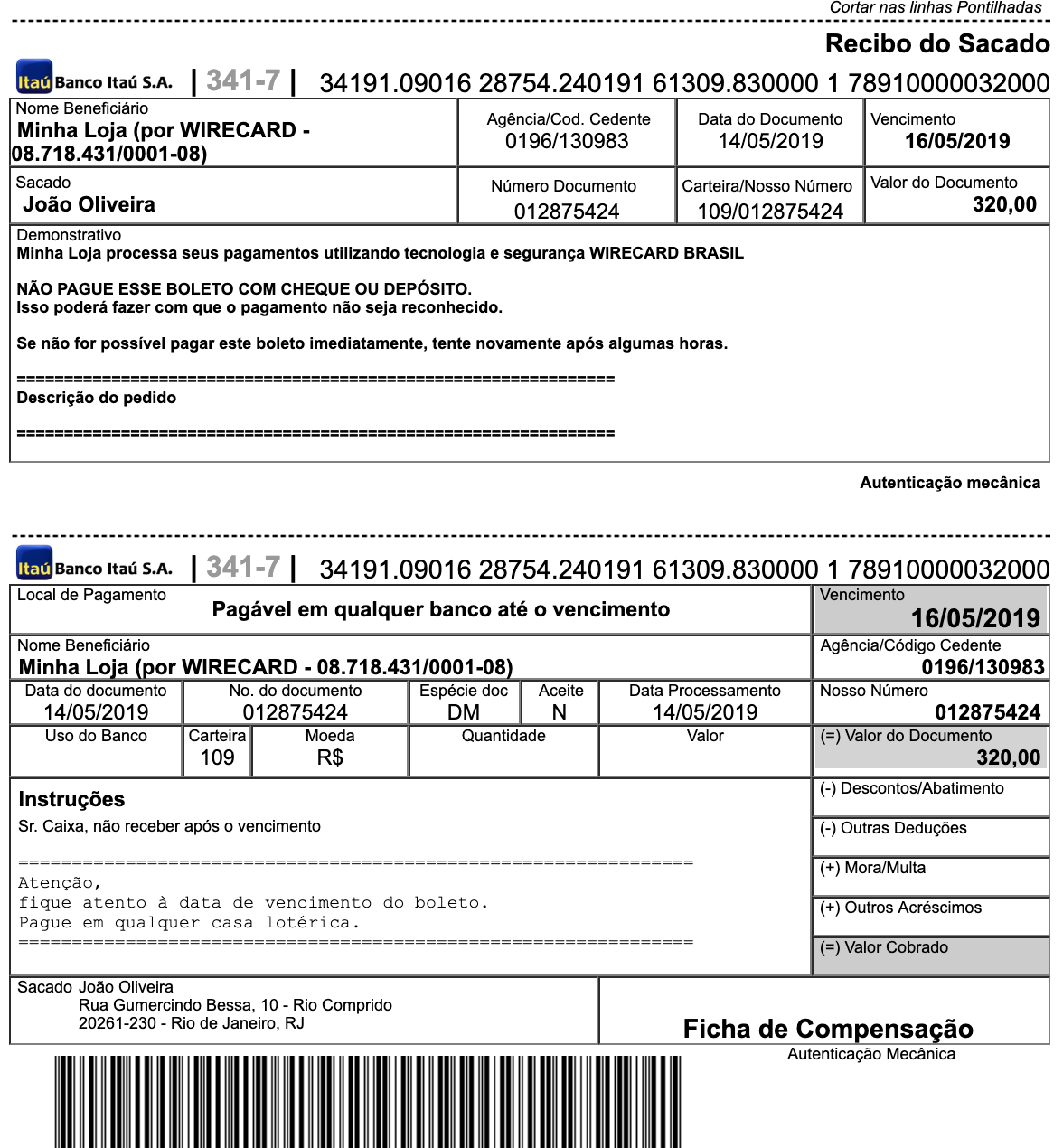 Exemplo de boleto Moip emitido pelo Itaú