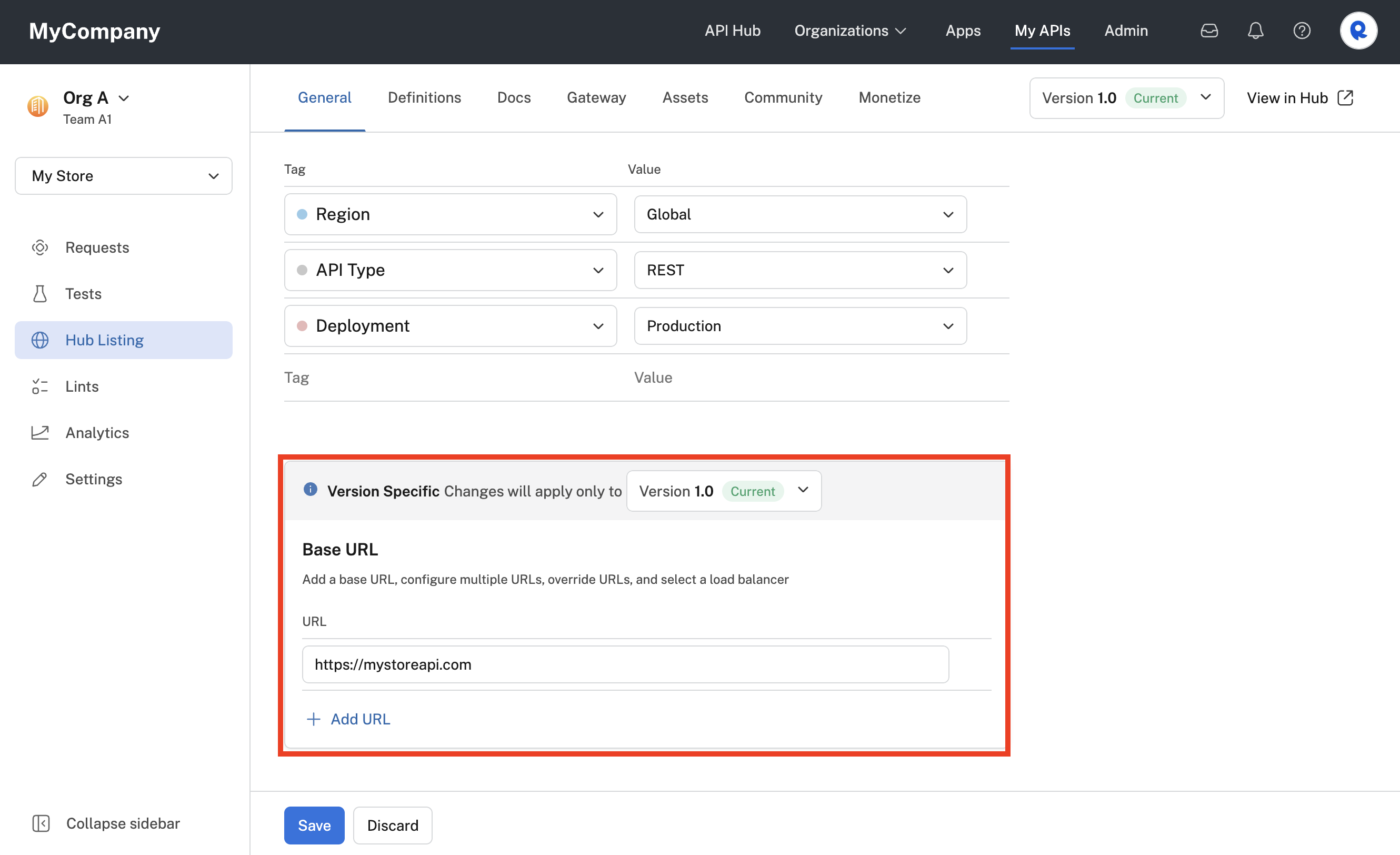 Base URL settings for a version of an API.