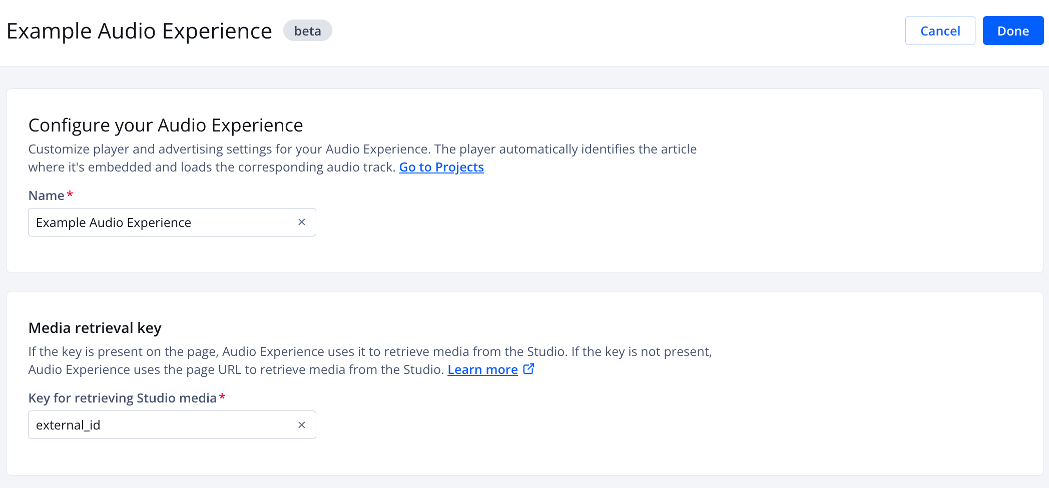 Audio experience creation page