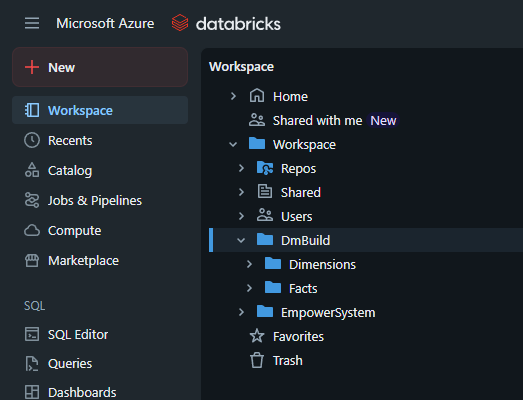 Navigating to DmBuild directory in the Databricks Workspace module.