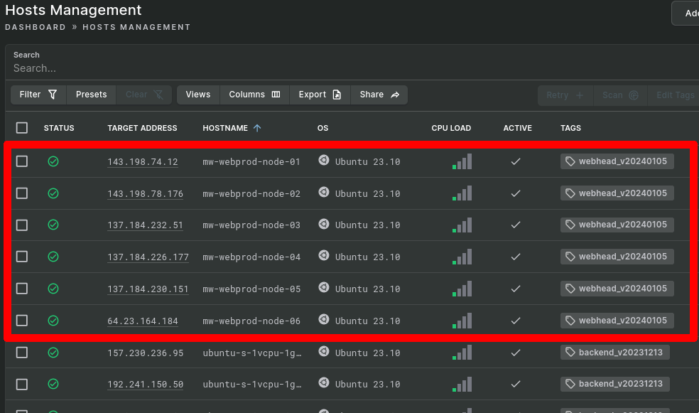 A list of hosts in Sandfly with the tag webhead_v20240105