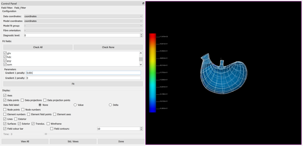 Figure 10. _Field Fitter_ step showing the stomach scaffold and the six cell density fields selected for fitting (three cell density selections are hidden from view)