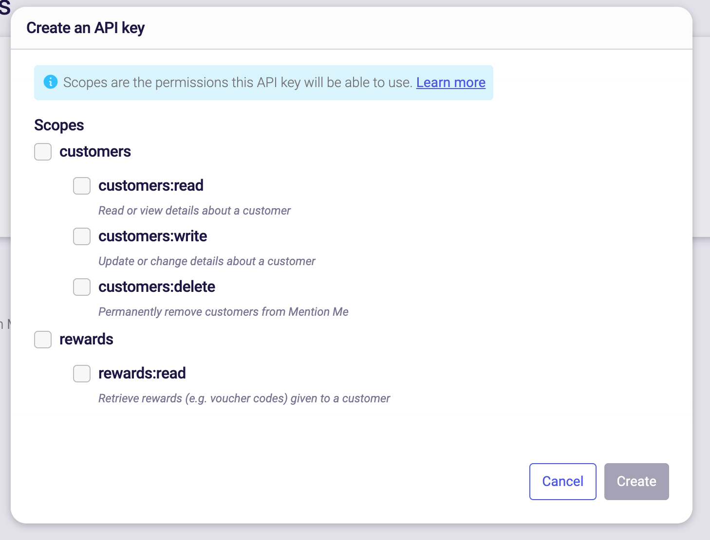 Select the scopes for your API key