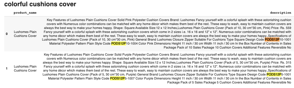 Advance multistep chunk search result for query "colorful cushions cover". As can be seen, all results are about "cushion cover" however we added 2 filters: 1) products with a specefic id "PODS12P" and 2) the word "plain".