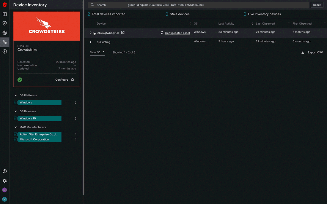 Opening asset dropdown and selecting "Deduplication graph" button