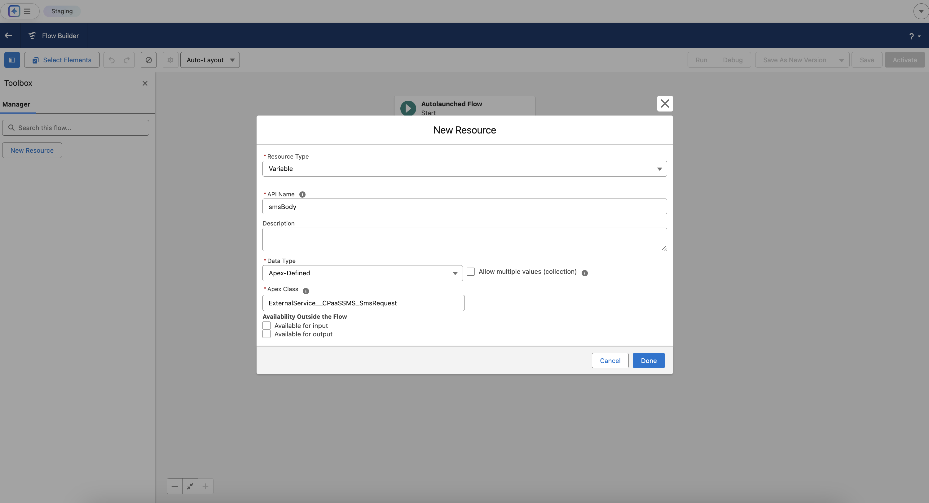 Configuring the first Variable **smsBody**