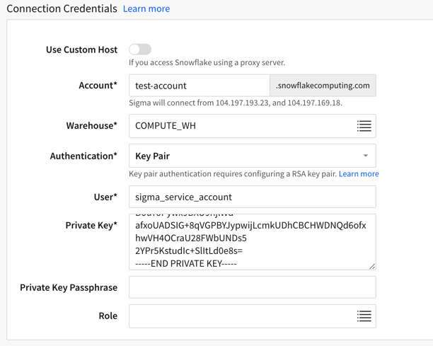 Screenshot of Connection Credentials form with required fields for key-pair authentication filled in