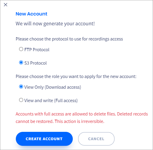 Screenshot of creating an account for accessing recordings