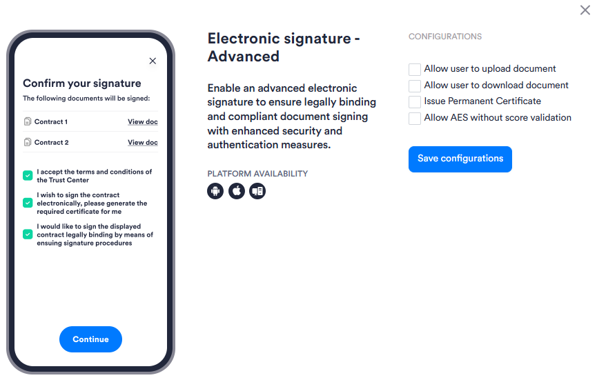 Image of the Advanced Electronic Signature module's configuration panel. Has four configuration options.