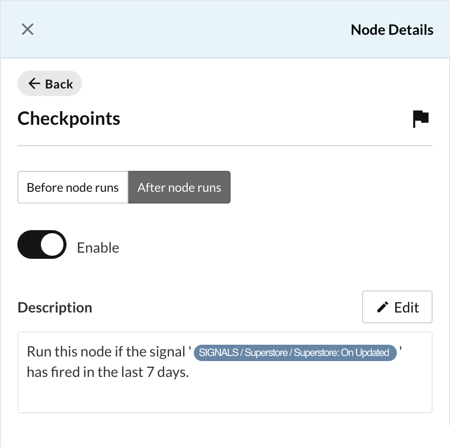 The Checkpoints panel showing a saved condition with the referenced signal as a pill