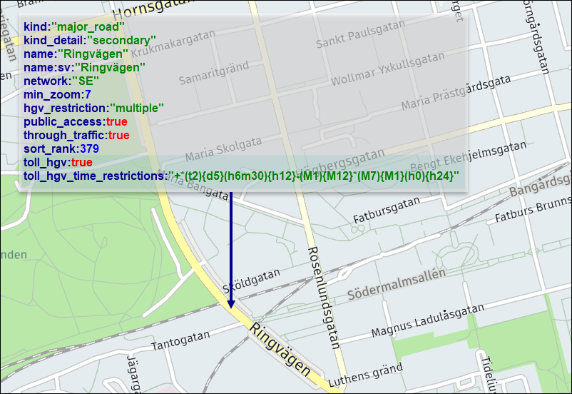 Advanced road properties for a road in Stockholm, Sweden