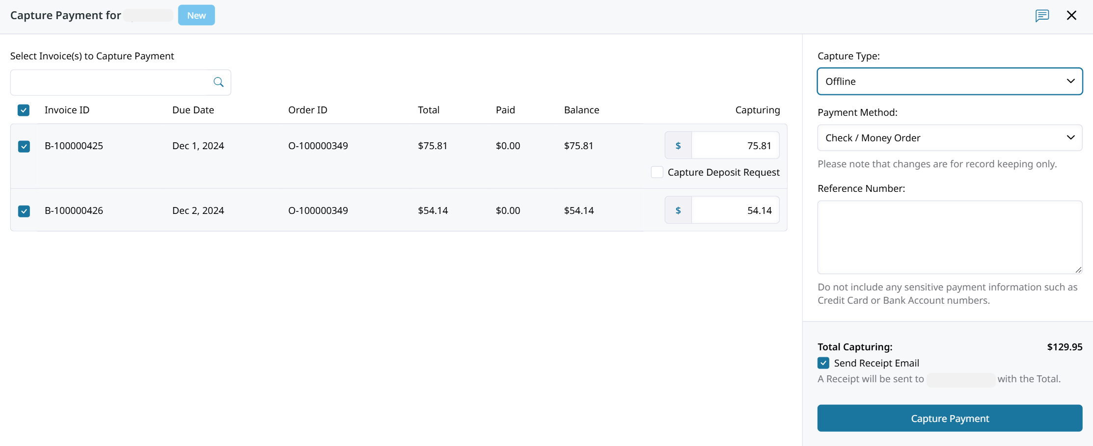 Uncheck the Invoices to not Capture Payment against them.