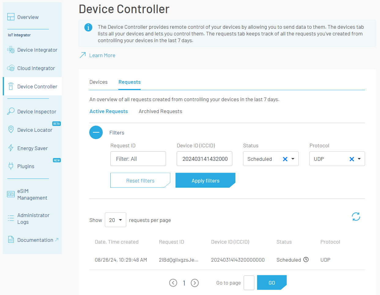 Device controller requests table with filtering