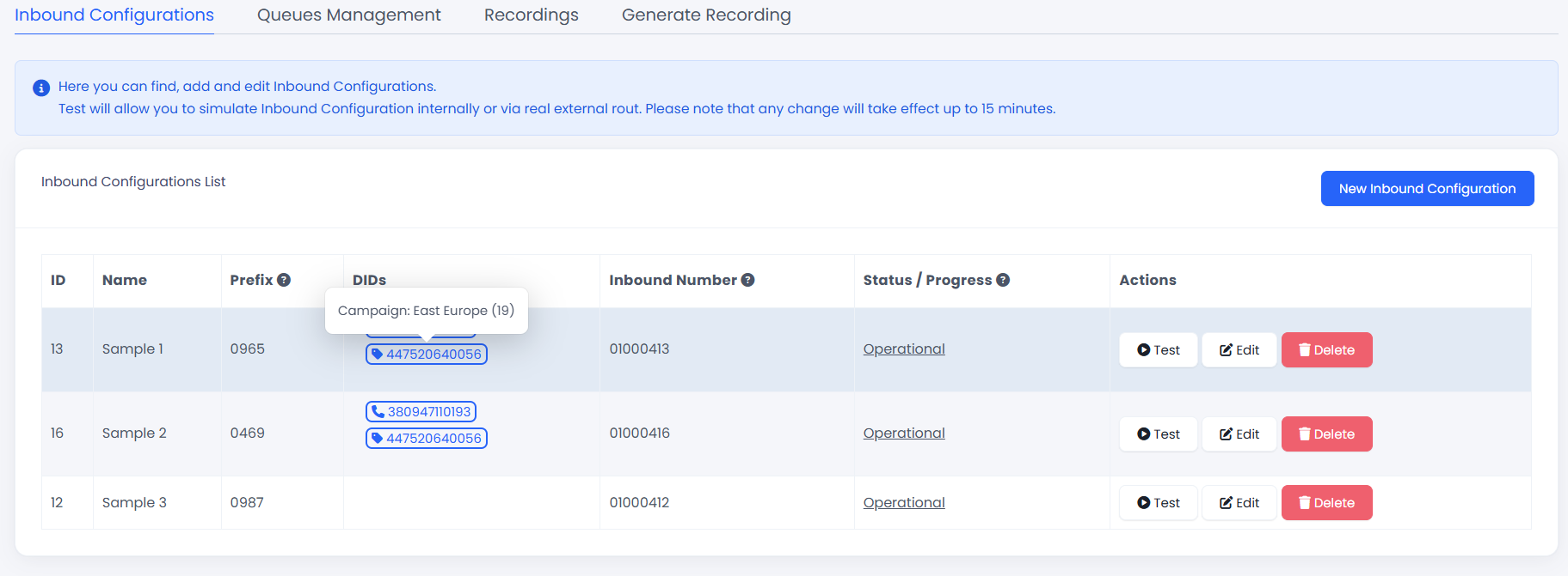 Inbound Configurations page