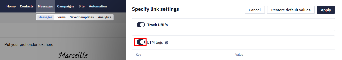 UTM tags slider set to inactive in message link settings
