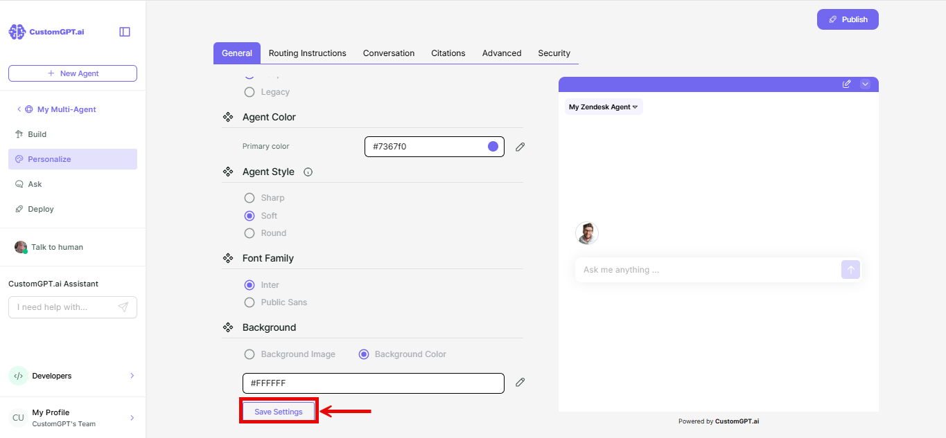 save settings button on master agent's personalize page